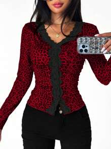 Chiquease Leopard Print Spliced Flounced Fitted Long Sleeve T-Shirt - Red - View 4
