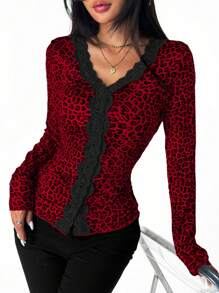 Chiquease Leopard Print Spliced Flounced Fitted Long Sleeve T-Shirt - Red - View 6