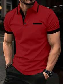 Manfinity Homme 男式休闲拼色短袖 Polo 衫 - 紅色 - 查看 1