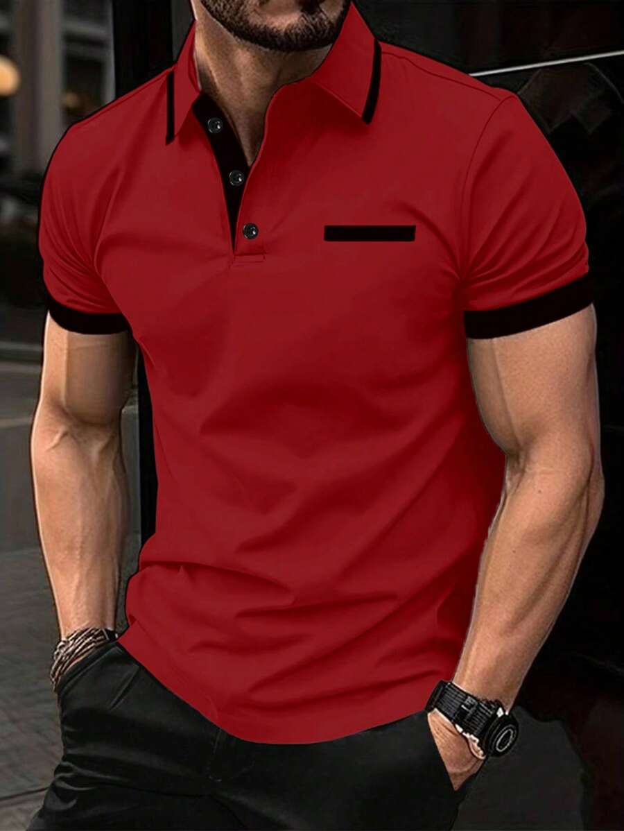 Manfinity Homme 男式休闲拼色短袖 Polo 衫 - 紅色 - 查看 1