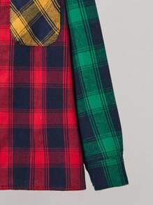 SHEIN Tween Boys Plaid Print Colorblock Hooded Shirt Without Tee