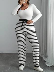 Franclia Plus Size Knitted High Waist Striped Colorblock Casual Commuter Women Sweater Pants