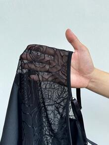 SHEIN Privé 大码纯色蕾丝拼布细肩带吊带背心 - 黑色 - 查看 7