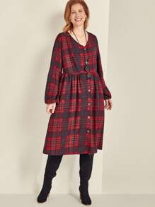 SHEIN Clasi V-Neck Single-Breasted One-Piece Long Sleeve Plaid Dress Fall Cloth For Women - Red - View 4