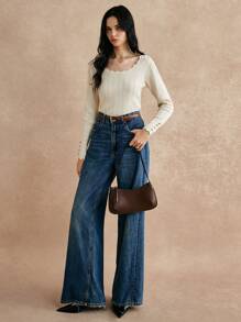 Poéselle Áo len cổ tròn tay dài ren gợn sóng đan len cổ tròn, áo trong dáng ôm, đế móc rỗng, màu be, dễ mặc và sang trọng, thích hợp cho ngày lễ, trang phục lễ hội, trang phục hàng ngày chất lượng cao - Màu be - Xem 4