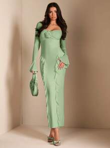 SHEIN BAE Elegant Women's Long Sleeve Fitted Shirt, Floral 3D Decor Ruffle Trim Long Maxi Dress, Suitable For Daily Wear, Dating, Outing, Party, Fall Outfits