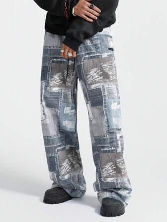 Manfinity RebelGame Lös passform för män vävda byxor med digitaltryck, grafisk vintage gå ut Långa byxor med raka ben, byxor för make, pojkvänspresenter