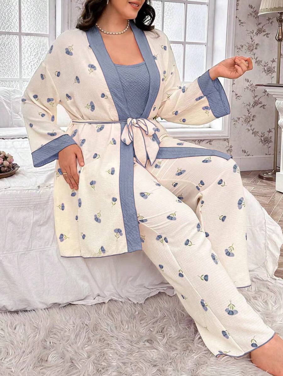 CottageSlumber Plus Size Women Wrinkled Floral Print Cami Top And Belted Robe And Pants Lounge Pajama Set, Cozy And Elegant Details, Fall Winter Clothes - Blue - View 1