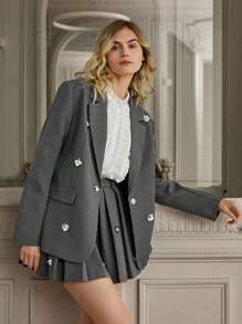 Enchnt 1 件女式纯色领长袖前扣简约衬衫，休闲日常穿着 - 白色 - 查看 5