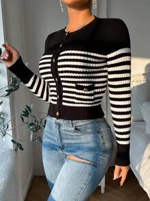 Chiquease Striped Print Slim Fit Metal Button Front Cardigan