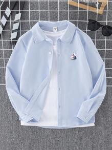 SHEIN 青少年男孩休闲天蓝色 Polo 领船印花衬衫，适合春秋冬季，适合学校、学院风格、商务、派对、日常简约百搭 - 藍色 - 查看 5