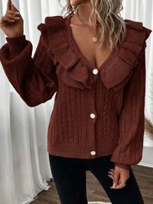 SHEIN Privé Solid Color Ruffle Twist Front Button V-Neck Casual Long Sleeve Cardigan - Brown - View 3