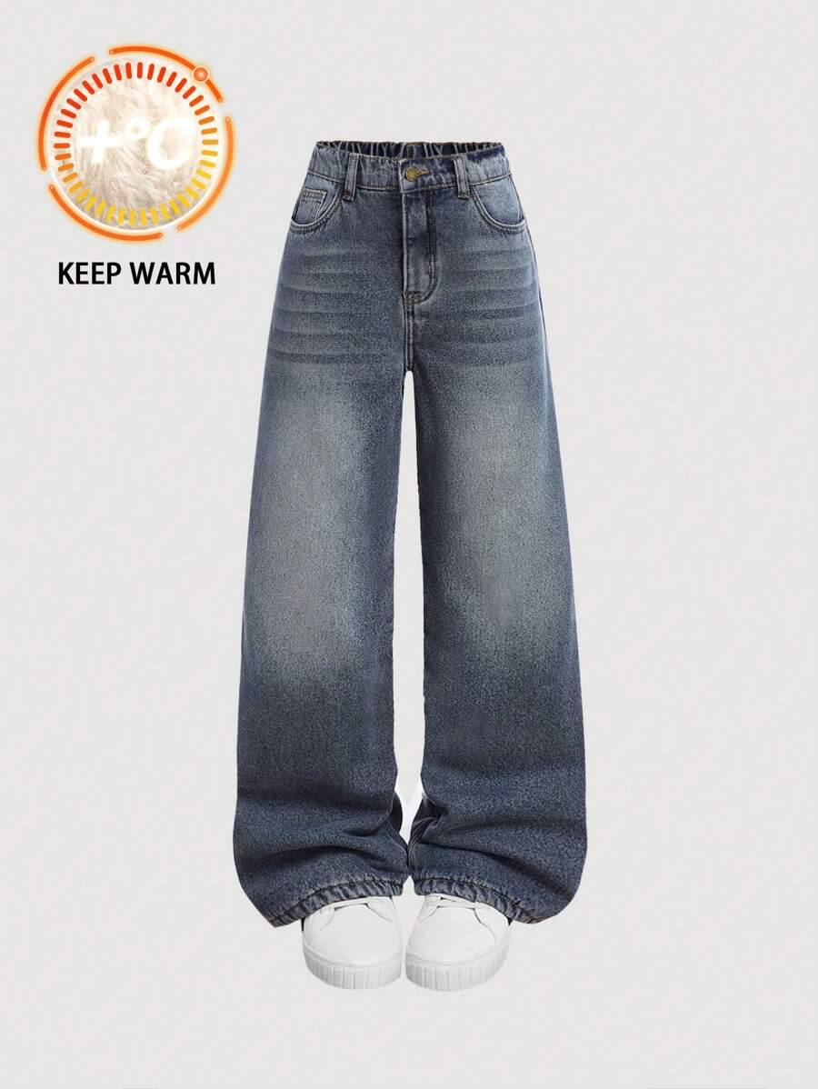 SHEIN Tween Girl Y2k Retro Washed Casual Retro Nostalgic Street Baggy Soft Thermal Lined Wide Leg Jeans For Girls Autumn/Winter Outfits - Medium Wash - View 1