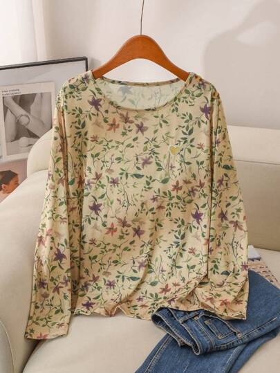 SHEIN Frenchy Plus Size Floral Print Round Neck Casual Versatile Long Sleeve T-Shirt