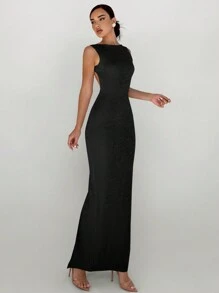 Aloruh Women's Glittering High Split Backless Bodycon Long Sleeve Party Dress