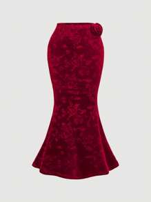 SHEIN MOD 方领吊带背心，3D花卉美人鱼中裙，复古红丝绒套装，秋冬套装，西装，度假装，新年装 - 酒紅色 - 查看 7