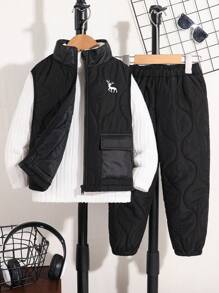 SHEIN Leap Crew 买二送一年轻男孩休闲舒适时尚简约实用百搭 T 恤和绗缝裤和黑色背心棉衣外套，适合秋冬季 - 黑色 - 查看 4