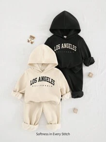 Cozy Pixies 4pcs Baby Boy Letter Print Hooded Long Sleeve Sweatshirt And Drawstring Pants Set Graphic - Black - View 7