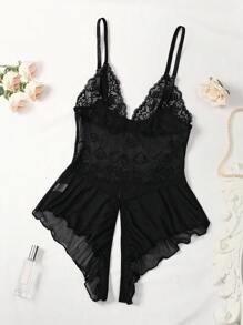 1 pieza Lencería sexy de una sola pieza con contraste de encaje y malla para mujeres
