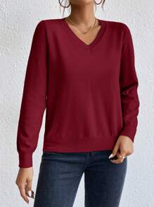 SHEIN Essnce Áo len dệt kim dáng rộng cổ chữ V màu trơn dài tay cho nữ, mùa thu/đông - Màu Hoa hồng đỏ - Xem 5