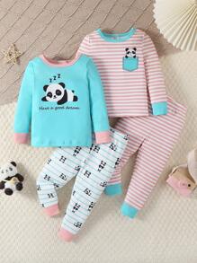 SHEIN 4pcs Baby/Toddler Girls Snug Fit Panda Striped Pattern Long Sleeve Bodysuit & Leggings Sleepwear Set - Multicolor - View 1