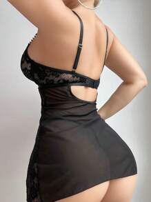SHEIN 2pcs Lace Contrast Mesh Sexy Lingerie Set With Underwire Dress And G-String For Women For Going Out - Black - View 2