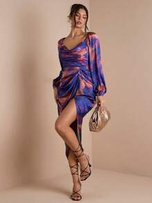 SHEIN BAE Women's Autumn/Winter Long Sleeve Lantern Sleeve Front Draped Collar Printed Pleated High Slit Maxi Party Dress - Purple - View 5