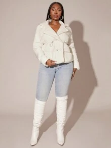 SHEIN SXY Plus Size Solid Color Thermal Lined Long Sleeve Padded Coat, Winter - Apricot - View 3