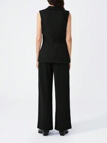 LYSMO Women Solid Color Fitted Vest And Loose Straight Leg Pants 2 Pieces Suit - Black - View 2