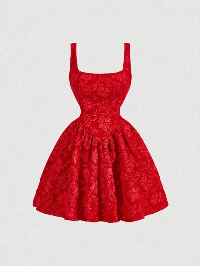 SHEIN MOD Red Floral Embroidered Fit And Flare Dress With Square Neckline, Sleeveless, Vintage Style, Flowy Skirt, Waist-Enhancing, Elegant, Party Wear, Cocktail, Wedding Guest, Romantic, Feminine, Classic, Comfortable, Breathable, Lightweight, Spring, Summer, Chic, Stylish, Evening Event, Festive, Eye-Catching