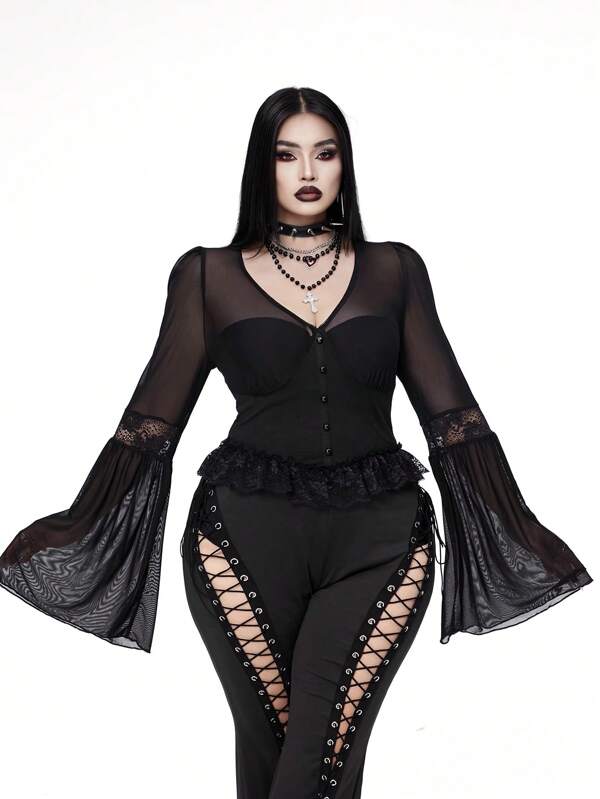 Whyspr Goth Punk Dark Punk Goth Style Women Blouse With Bell Sleeves And Lace Trim, Autumn/Winter