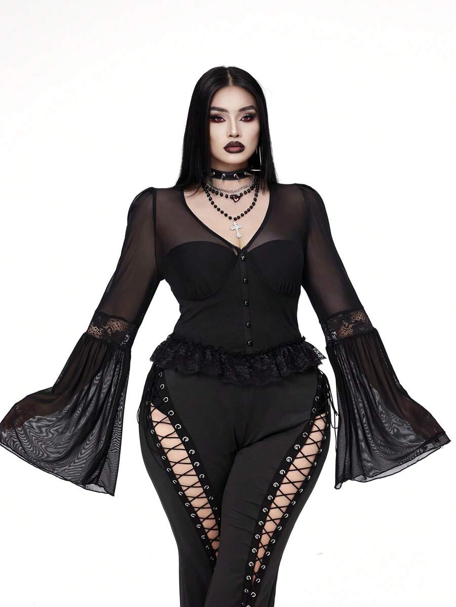 Whyspr 深色朋克哥特风格女式喇叭袖蕾丝边衬衫，秋冬款 - 黑色 - 查看 1