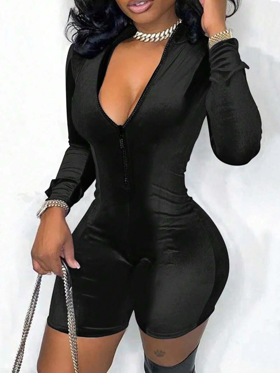 INAWLY Shiny Silver Metallic Bodycon Zipper Jumpsuit For Women Fall Cloth For Women