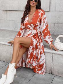 SHEIN Clasi Vestido casual de manga larga con estampado y cinturón anudado para mujer, para uso diario