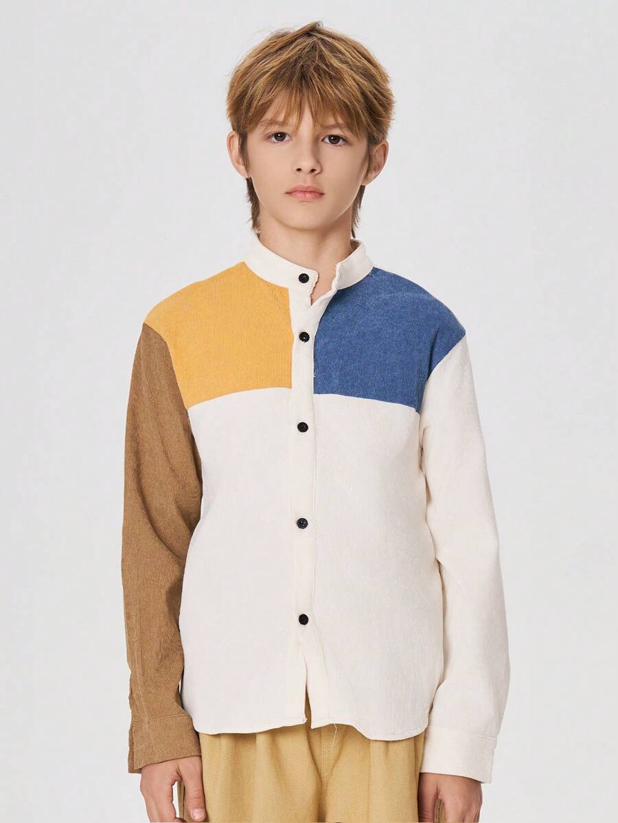 SHEIN 青少年男孩休闲拼色立领宽松灯芯绒长袖衬衫 - 彩色 - 查看 1