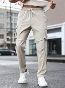 Manfinity Homme Plus Size Men Solid Color Drawstring Waist Cargo Pants, Going Out Plain Casual Pants Khaki Slacks Pants, For Husband, Boyfriend Gifts - Beige - View 5