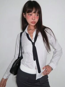 DAZY Women's Regular Collar Striped Slim Fit Button Down Shirt, Light Gray, Spring/Summer Long Sleeve Top