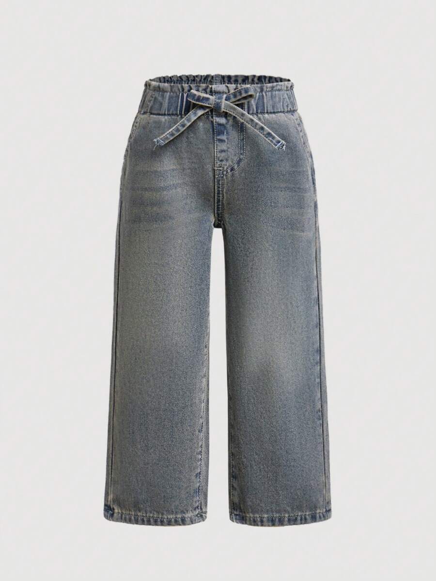 SHEIN Young Girl Distressed Light Blue Elastic Waist Ruffle Trim Denim Jeans - Medium Wash - View 1