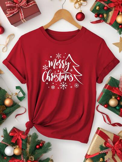 SHEIN LUNE Women's Christmas Tree Pattern "Merry Christmas" Print Short Sleeve Round Neck Top For New Year Clothes Graphic Tees Women Tops