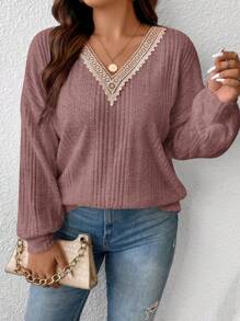 SHEIN Frenchy Áo thun dài tay hở vai cổ chữ V ren cỡ lớn cho nữ, mùa thu - Bụi hồng - Xem 1