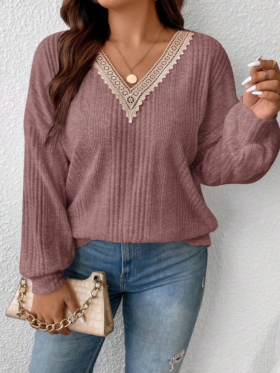SHEIN Frenchy Áo thun dài tay hở vai cổ chữ V ren cỡ lớn cho nữ, mùa thu - Bụi hồng - Xem 1