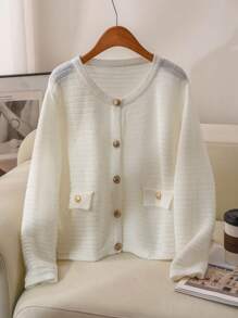 SHEIN Frenchy Áo len cardigan dáng rộng đơn hàng cỡ lớn cho nữ tay dài màu trơn, đơn hàng khuy, mùa thu/đông - Màu be - Xem 2