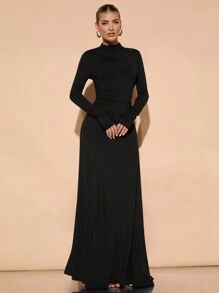 SHEIN BAE 优雅纯色高领不对称肩部褶皱下摆长裙，适合鸡尾酒会、浪漫约会、冬季汗衫裙、派对、婚礼伴娘、夜间外出、万圣节、圣诞节 - 黑色 - 查看 4