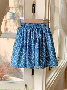 SHEIN Váy chữ A xếp ly họa tiết hoa màu xanh navy thanh lịch theo phong cách Pháp mùa thu/đông cho bé gái - Màu xanh lam - Xem 2