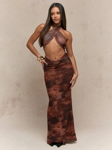 MISSGUIDED Printed Mesh Draped Cross Halter Neck Cut-Out Waist Fishtail Hem Maxi Dress - Multicolor - View 1