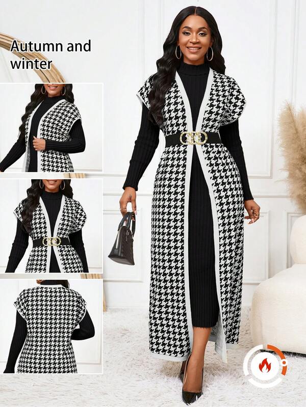 SHEIN Lady Chaqueta de cárdigan con contraste de rayas de pata de gallo marrón para mujer, chaleco de parte superior, primavera, verano, otoño, todo a juego, artículo individual, talla grande