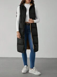 SHEIN Tall Zip Up Slant Pocket Drawstring Hooded Vest Padded Coat - Black - View 6