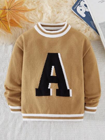 1pc Young Boys Casual College Style Comfortable Fashionable Simple Practical Versatile Letter Graphic Contrast Color Round Neck Long Sleeve Drop Shoulder Sweater, Suitable For Kids Outfits, Young Boy Clothes, School, Back To School, Everyday Wear, Outdoor, Sporty Activities, Autumn/Winter