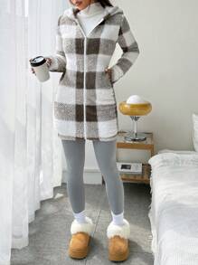 SHEIN EZwear Plaid & Fluffy Trim Zip Front Hoodie Jacket, Ladies Casual