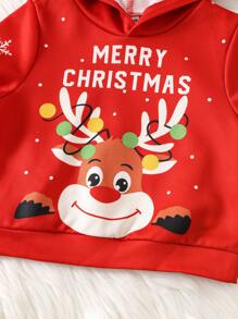 SHEIN 男婴红色柔软保暖内衬连帽运动衫，针织圣诞驯鹿图案套头衫，适合圣诞派对 - 酒紅色 - 查看 6